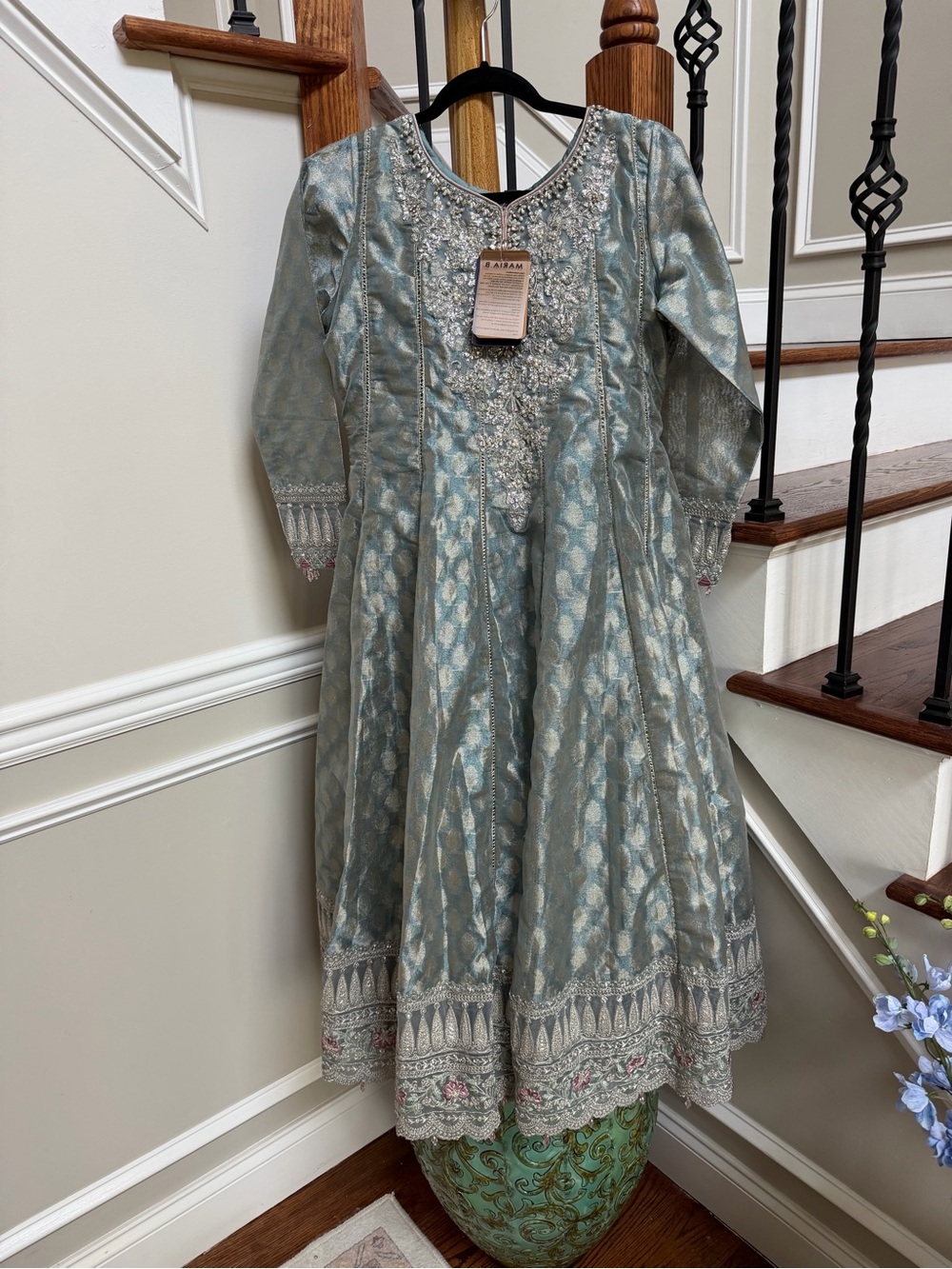 Maria B. Elegant Silver-Blue Embroidered Women long gown with dupata and pants - Picture 5 of 5